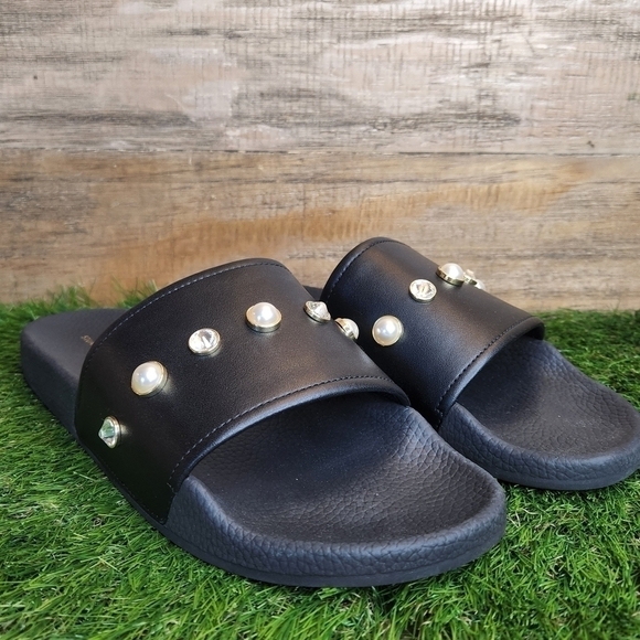 New Stuart WeitzmanWomen's Black Pearlshine Pool Leather Slide Sz 11.0 - Picture 2 of 11